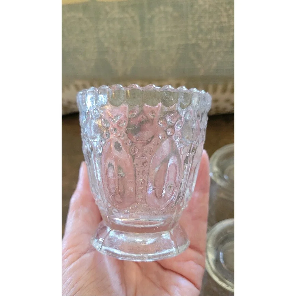 Set of 4 Clear Pressed Glass Votive Holders, EAPG Style Hobnail Scalloped Cups